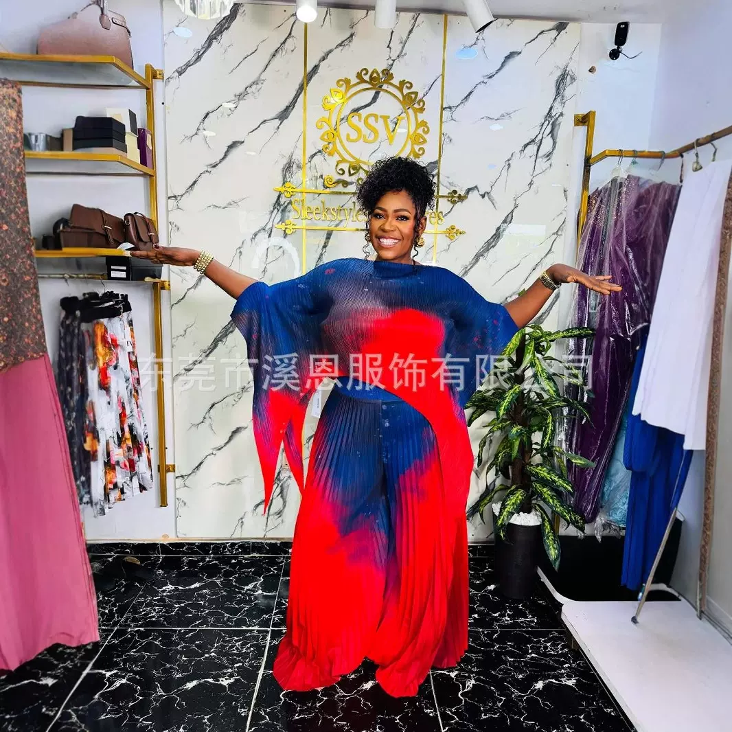 Miayki三宅新款扎染印花不规则上衣褶皱阔腿裤两件套装女装打码跨