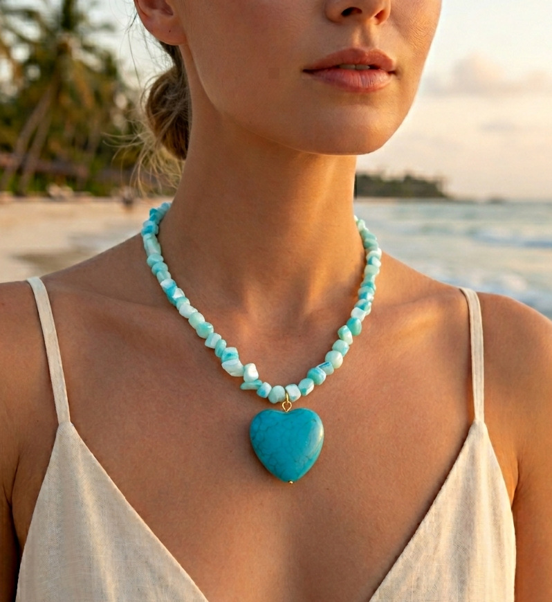 Exquisite Deep Sea Shell Pendant Necklace With Turquoise And Pearl_voghion.com