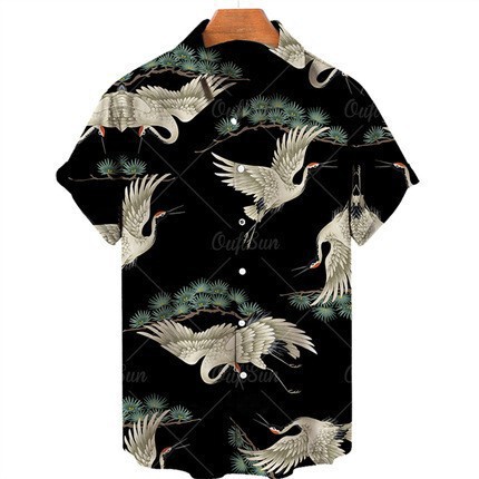 Men's Cross-Border Foreign Trade European and American Spring New 3D Printed Lapel Short-Sleeved Retro Striped Casual Shirt Men's Wholesale