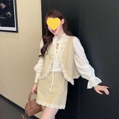 2025秋季新款法式风蕾丝马甲花边系带衬衫高腰半身裙时尚套装女潮