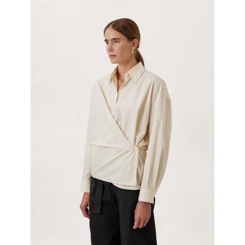 Longmei Pure Cotton Wrap-Around Long-Sleeve Shirt for Women, 2026 Early Spring New Style, Lem Style, Simple and Loose-Fitting Commuter Lapel Top