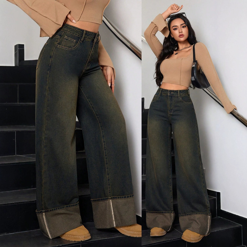 Women's European and American high-waisted vintage yellow mud-dyed wide-leg jeans with cuffed hem, distressed loose straight-leg trousers Women's European and American high-waisted vintage yellow mud-dyed wide-leg jeans with cuffed hem, distressed loose straight-leg trousers
