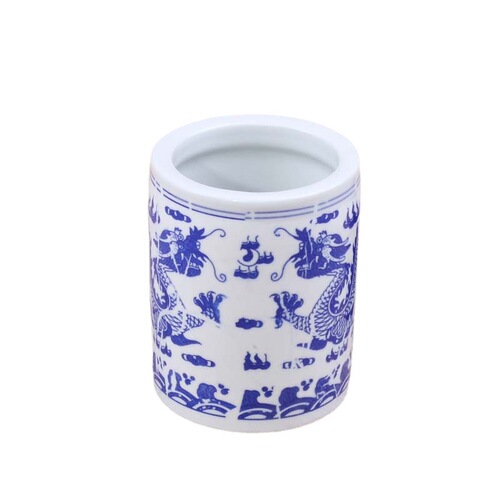 Biyoumi ceramic pen holder blue and white porcelain double dragon play ball pen holder pen wash pen porcelain cylinder book French brush wash Jingdezhen