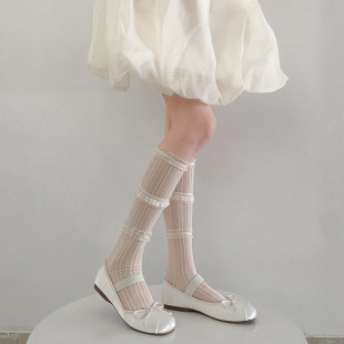 Cartoon leg socks white lace three-layer lace personalized sweet mesh transparent thin summer calf socks for women