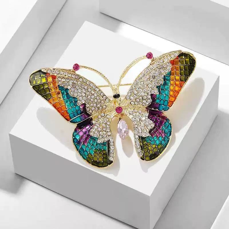 Foreign Trade European and American Colorful Clothes Decoration Winter Women's Alloy Inlaid Gem Butterfly Brooch Light Luxury High-end Insects