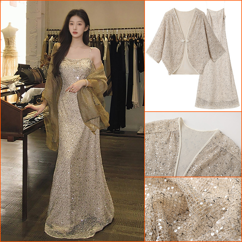 New Chinese-Style Heavy Sequin Embroidery Design Dress for Women, Early Autumn New Coat and Dress Set N8048