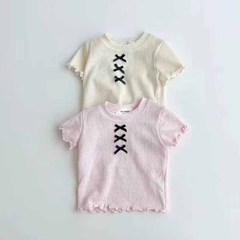 嬰兒衣服夏裝韓版女寶寶洋氣短袖T恤薄款兒童蝴蝶結設計圓領上衣
