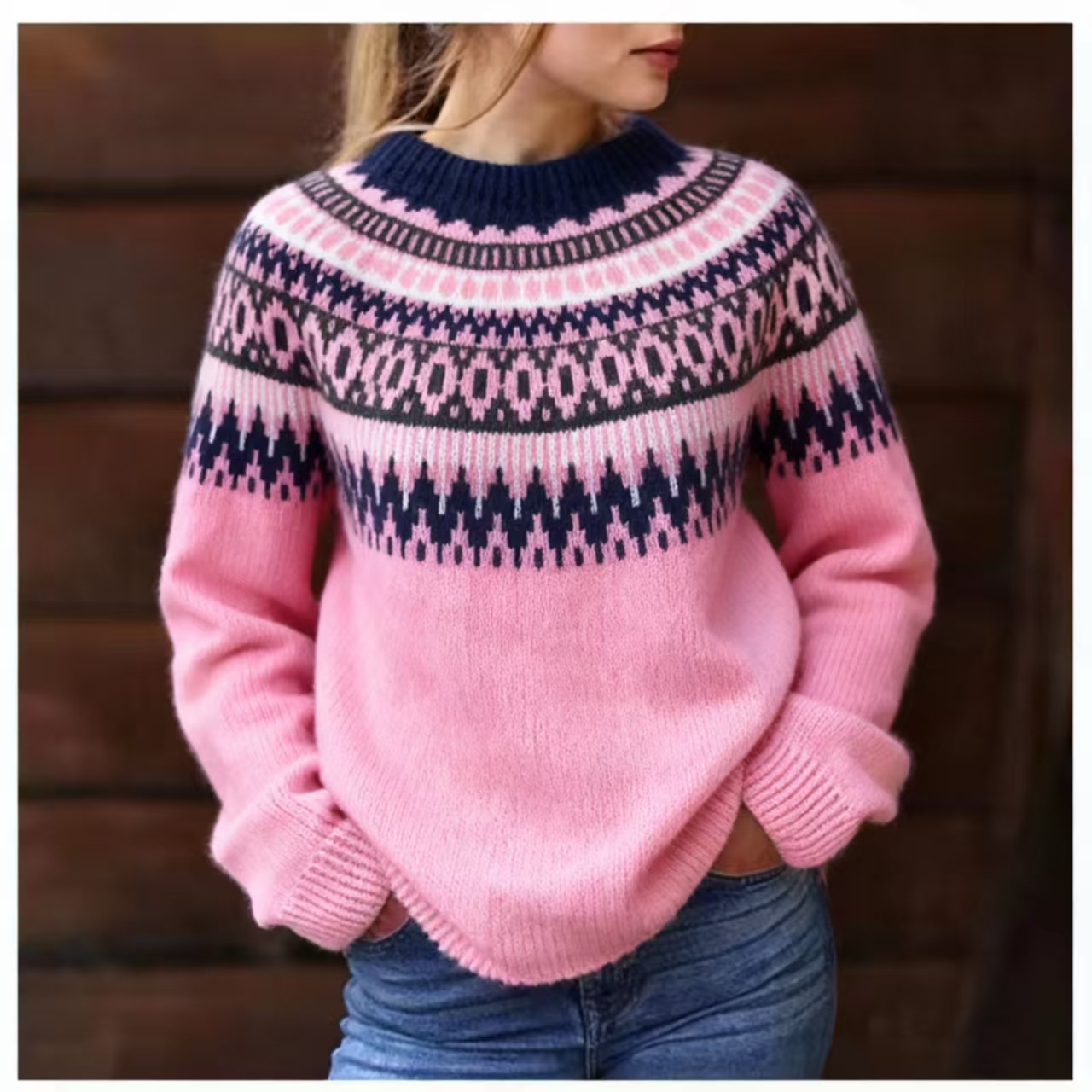 Women's Thick Knit Jacquard Sweater For Autumn And Winter_voghion.com