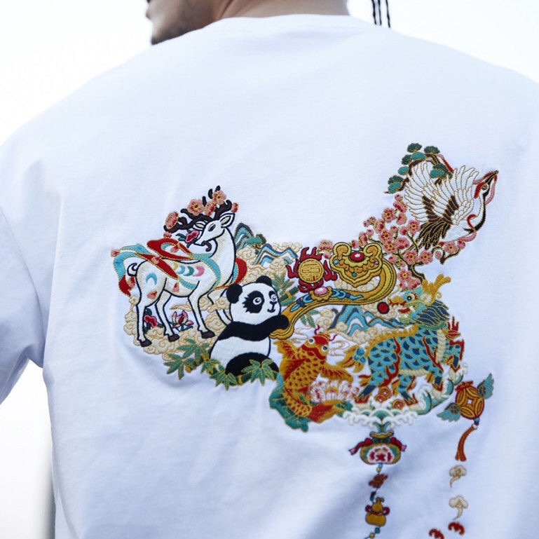 国潮中国地图一路生花T恤刺绣熊猫锦鲤如意国风文化百搭短袖