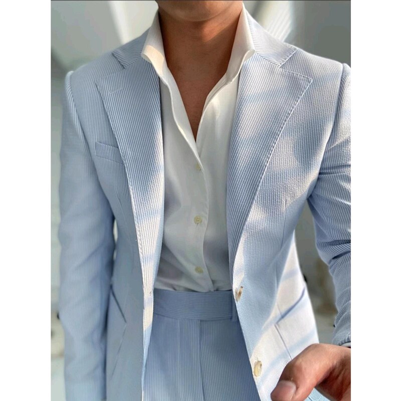 Italian Casual Neapolitan Style Suit Blue Seersucker Casual Single-breasted Flat Barge Collar Suit Men