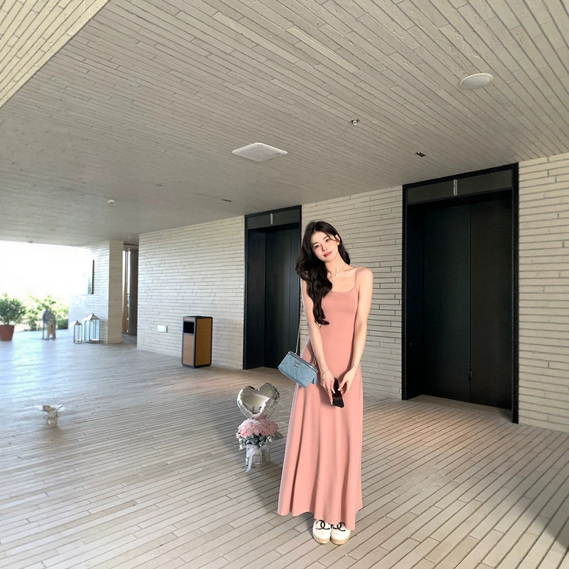 Soft peach pink camisole dress for women, drapey long skirt, Kardashian style dress, solid color, spring and summer