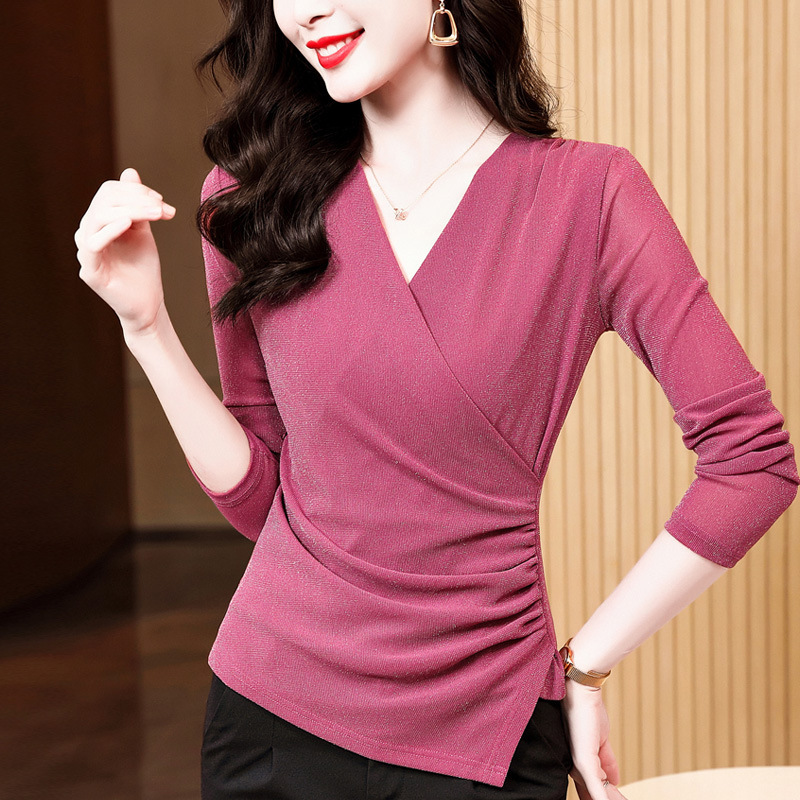 2024 new cross V-neck slim slim solid color silver long sleeve mesh base shirt women's solid color T-shirt wholesale