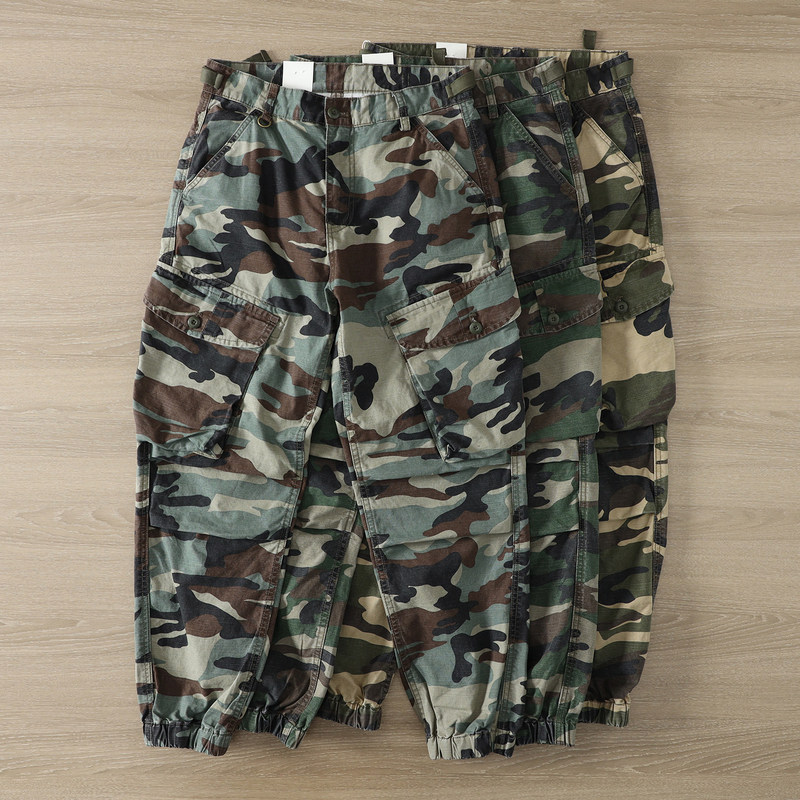 Heavy-washed vintage bamboo texture camouflage cargo pants for men, American casual outdoor loose multi-pocket cuffed pants