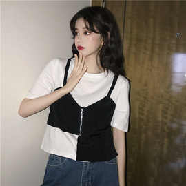 春夏季韩版2021新款显瘦减龄设计感假两件吊带拼接短袖T恤上衣女