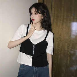 春夏季韩版2024新款显瘦减龄设计感假两件吊带拼接短袖T恤上衣女