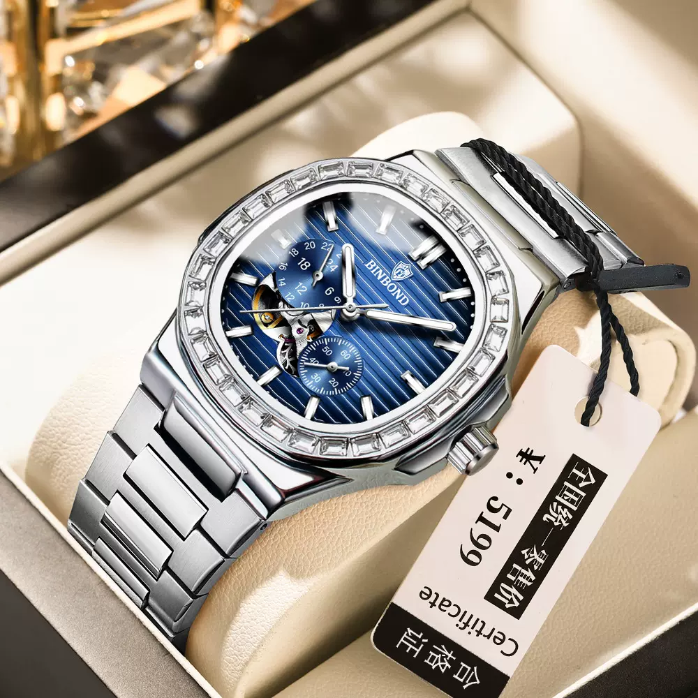宾邦多功能镂空机械表全自动防水大表盘男表男士手表高档正品