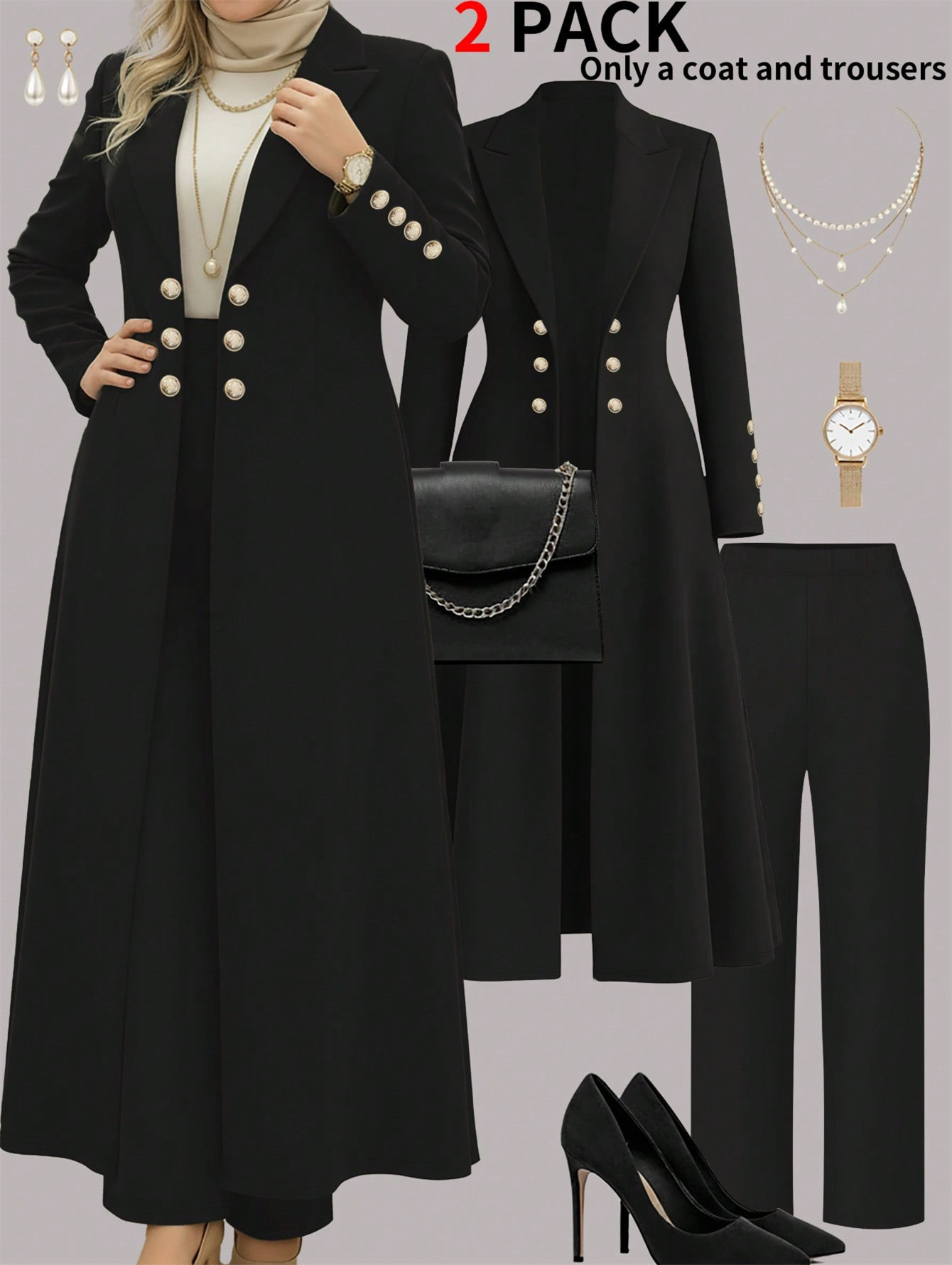 Plus Size Elegant Retro Style Suit Coat Casual Straight Leg Trousers Waist Cinching Long Coat Set_ecoleips.com