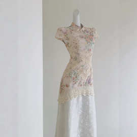 新中式改良旗袍女夏蕾丝假两件绝美镂空碎花连衣裙夏季新中式国风