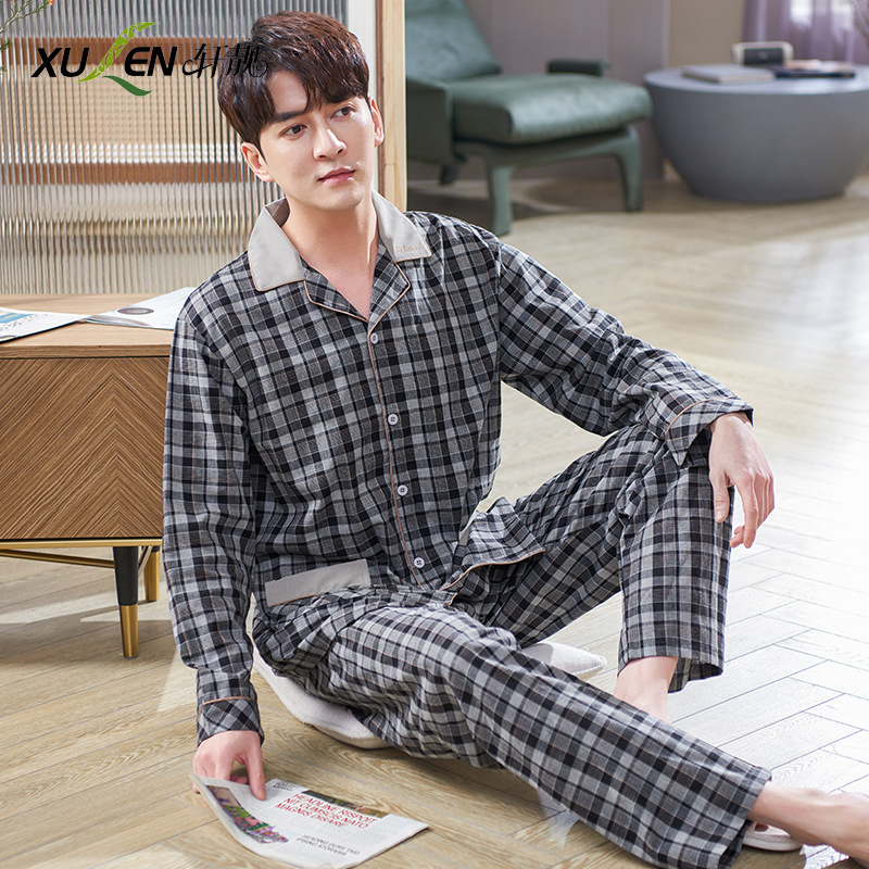 Nuevos pijamas de los hombres de primavera y otoño Delgado 100% algodón cardigan de manga larga a cuadros de los hombres de desgaste del hogar traje de dos piezas