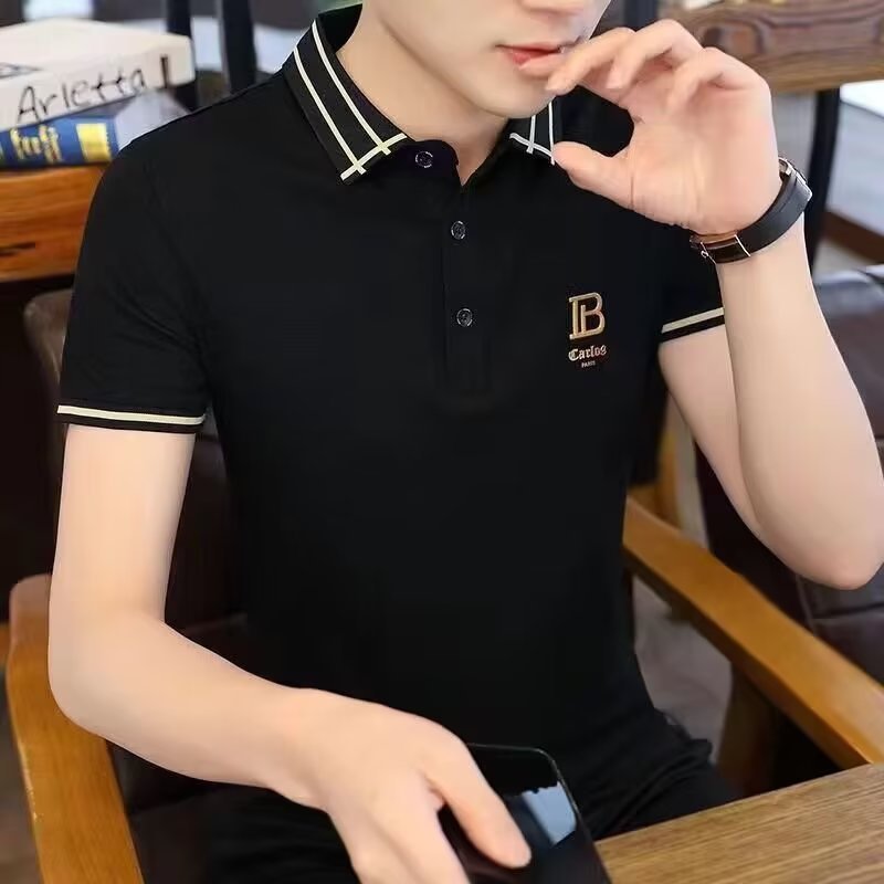 Camisa de polo de los hombres de manga corta Camiseta solapa de los hombres de verano superior 2023 verano negocio bordado de color cuello alto elástico slim fit