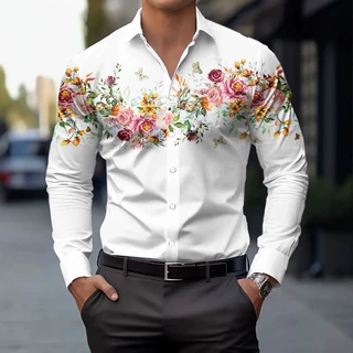 男士衬衫夏款四面弹彩色花朵印花外贸薄款开衫长衬衫男装跨境批发