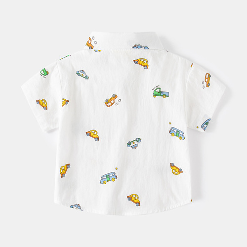 Korean style casual lapel boys' shirt, outdoor travel printed children's short-sleeved cartoon car children's cotton shirt