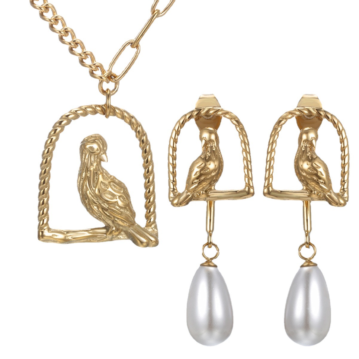Xuping periquito pájaro jaula de pájaro collar de orejas dos piezas de aretes de moda europea y americana collar de perlas de otoño y invierno conjunto
