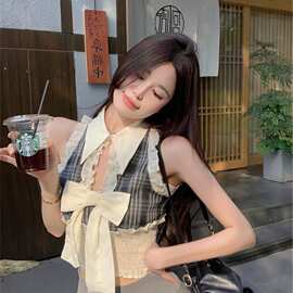 甜辣妹蝴蝶结吊带背心衬衫女夏季新款无袖性感荷叶边拼接短款上衣