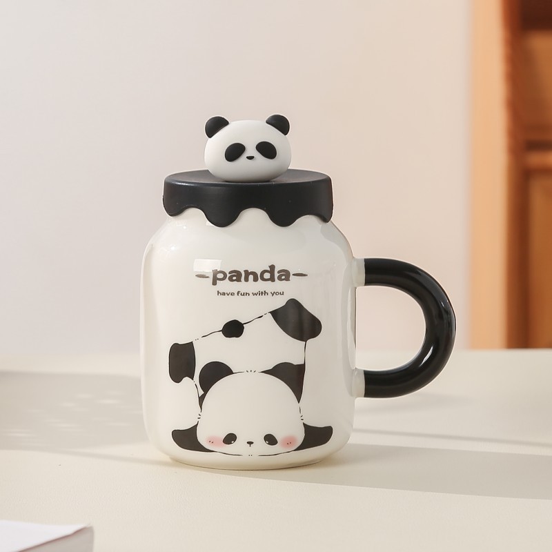 Panda creativa Taza de cerámica desayuno leche café taza de dibujos animados Taza de cerámica con tapa taza de agua regalo de la mano