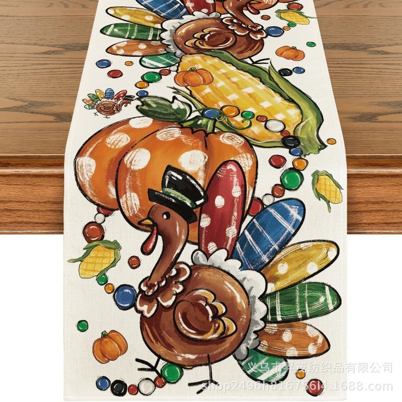 秋の感謝祭の七面鳥秋のカボチャのカエデの葉のプリントのポリエステルのテーブルの旗の雰囲気はテーブルクロスのテーブルの旗を飾ります。|undefined