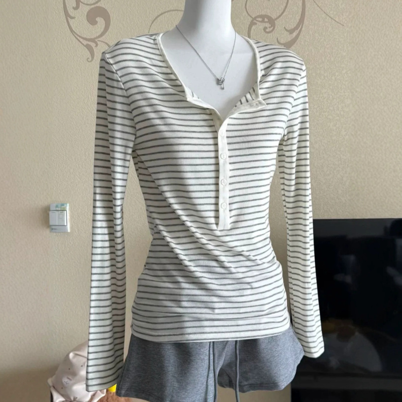 Korean-Style Bm Retro Striped Sun-Protective Long-Sleeve T-Shirt Women's Spring and Summer Henley Collar Slim-Fit Base Shirt Top