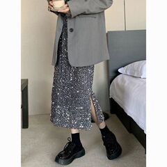 丝绒亮片半身裙女春秋冬季亮闪高腰开衩半裙今年流行爆款黑色长裙