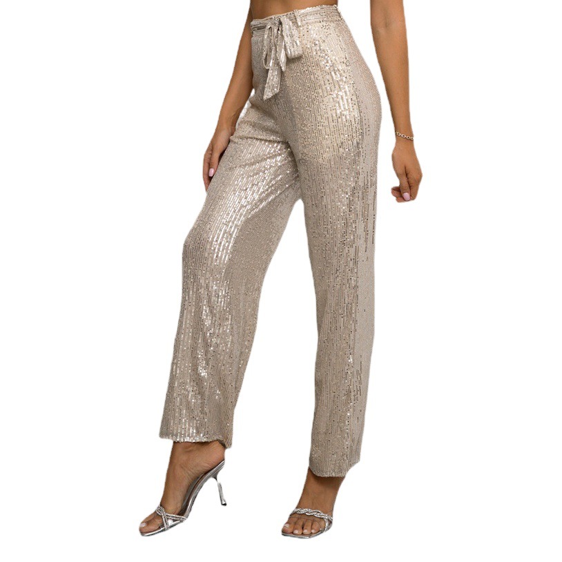 2023 pantalones de pierna ancha con lentejuelas populares transfronterizos de primavera y verano estilo europeo y americano ins elegante cintura alta adelgazante drapeado pantalones Casuales