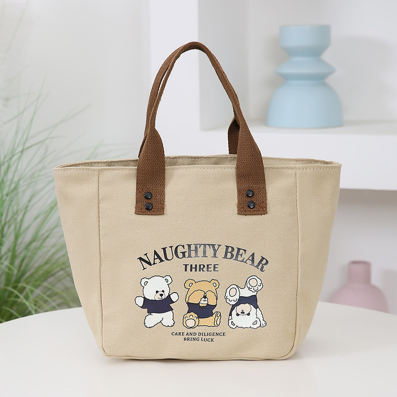 3 개의 곰 캔버스 가방 휴대용 핸드백 도시락 작은 만화 캔버스 가방 모든 경기 도시락 가방 간단한 작업