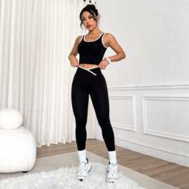 欧美风撞色高腰提臀瑜伽服套装女紧身健身运动背心长裤两件套