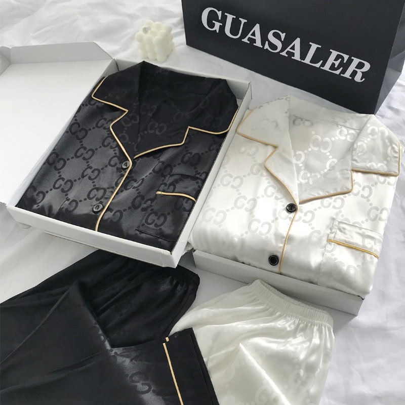 Pijamas de pareja de primavera y otoño pantalones de manga larga de seda de hielo delgados de alto grado más el tamaño de los hombres y las mujeres traje de desgaste para el hogar