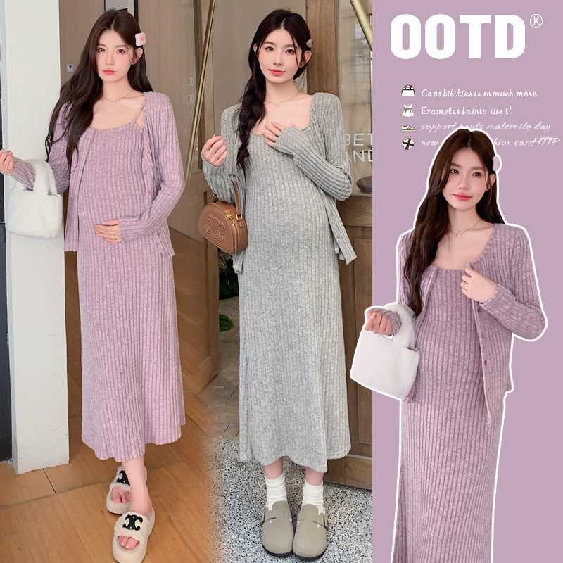 Maternity 2024 New Autumn Wear Sanding Pit Slim Soft Waxy Skin-Friendly Cardigan with Suspender Skirt suit