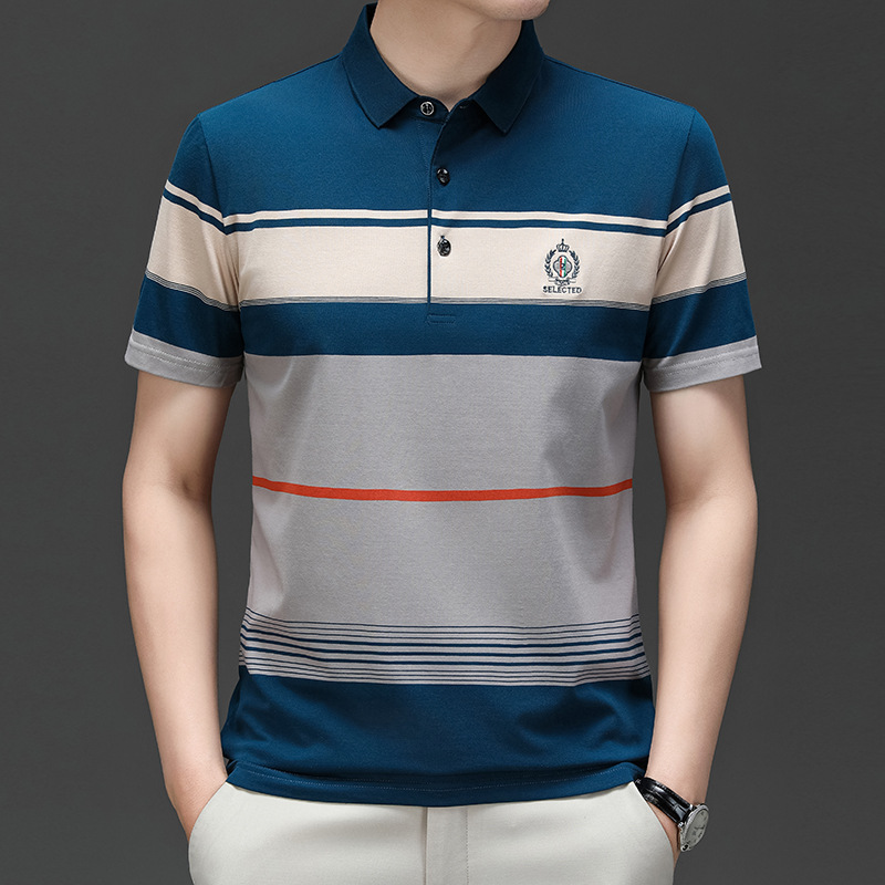 Exclusivo transfronterizo para verano nuevo estilo de algodón bordado de manga corta camiseta de hombre a rayas casual solapa de gran tamaño camisa POLO para hombre