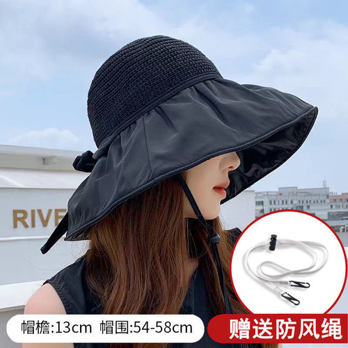 Summer New UV Protection Black Rubber Butterfly Bow Sun Hat for Women, Korean Style, Large Brim Face Covering Sun Hat with Open Top