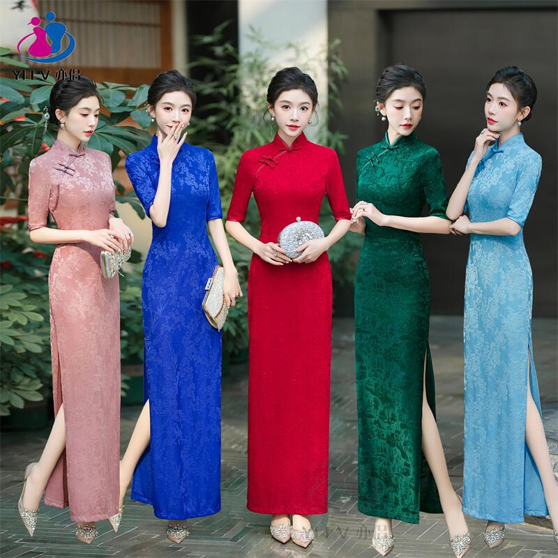 Red Cheongsam 2025 Improved Long Version for Annual Meeting, Runway Show Performance Attire, Toasting Dress, Engagement Dress, Chinese Style
