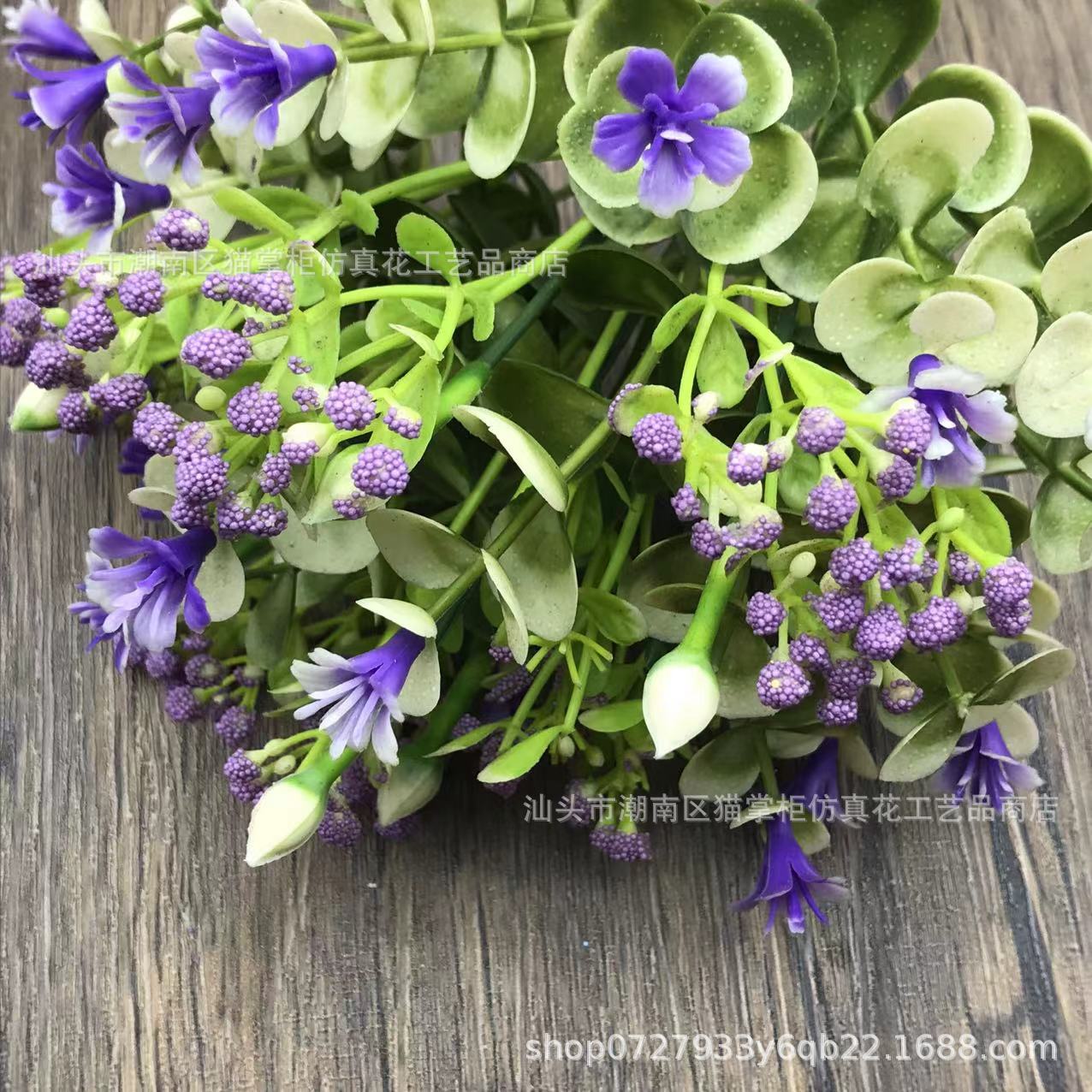 Decoración de flores artificiales de tres puntas, violeta eucalipto, hogar de bodas, 6 flores falsas, ramos de mano, accesorios de tiro