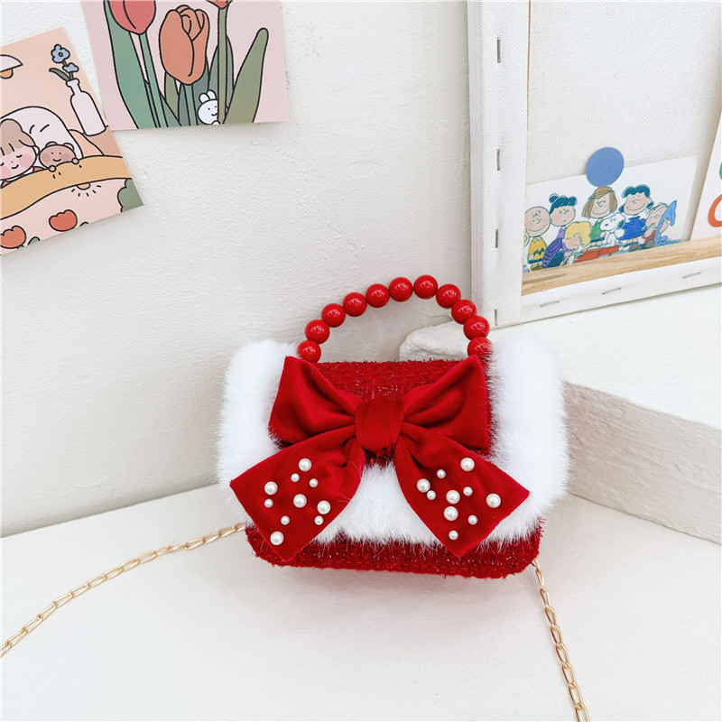 Bolsa de moda de perlas para niños otoño y invierno Año Nuevo para niñas bolsas de hombro de tela arco