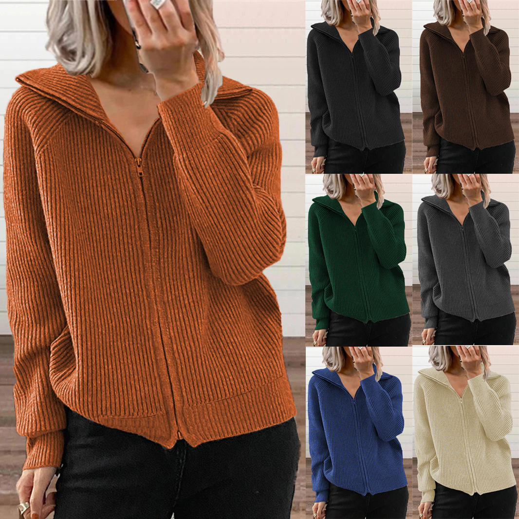 Otoño e invierno transfronterizo europeo y americano Nuevo abrigo casual a rayas suéter suelto cremallera cardigan manga larga suéter de solapa para mujer image 3