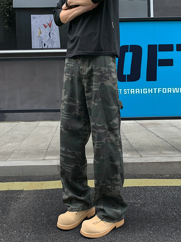 美式迷彩牛仔伐木工装裤男潮牌解构设计感直筒裤宽松做旧休闲裤子|undefined