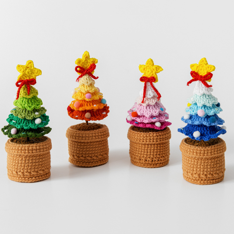 クリスマス5層毛糸鉢植え手作りニット雪菲毛糸鉤織クリスマスツリー宴会デスクトップクリエイティブ置物|undefined