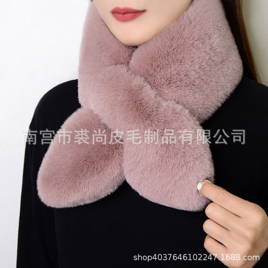 Women's winter thickened warm imitation Rex rabbit fur scarf versatile neck protection plush cross scarf for men and women