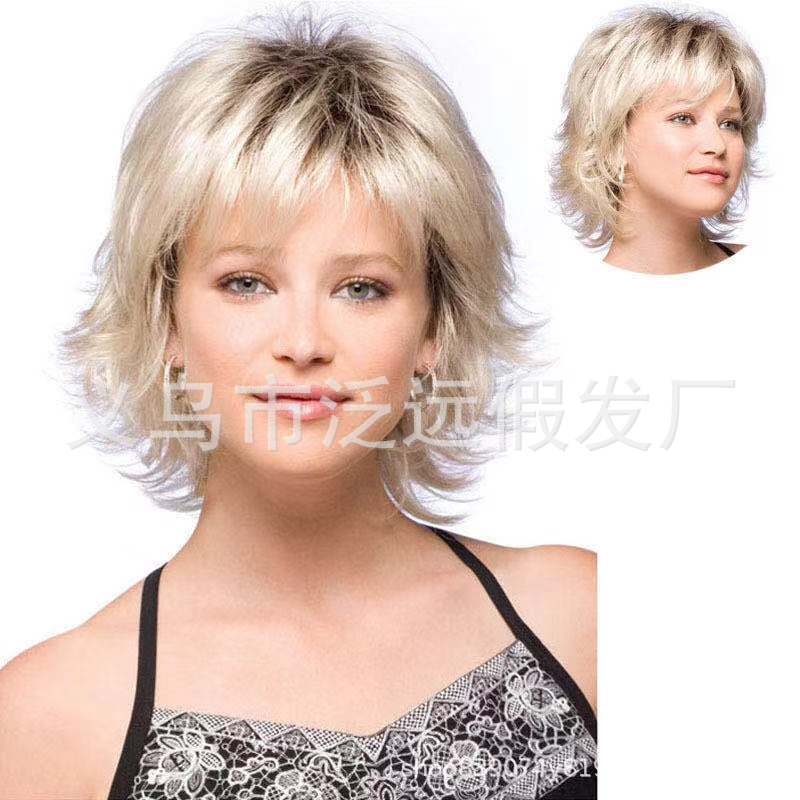 跨境新品假发 欧美中老年女士化纤头套 wig  金色短卷发微翘 厂家