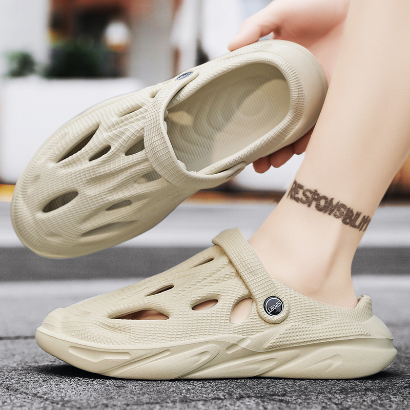Geperforeerde herenklompen in effen kleur voor de zomer, geschikt voor binnen- en buitengebruik, dikke zool, hoogwaardige antislipzool, multifunctioneel._voghion.com