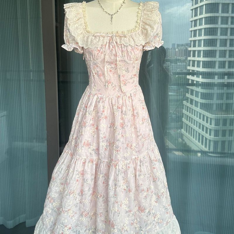 法式泡泡袖蕾丝碎花连衣裙女夏日绝美温柔风公主裙收腰超仙长裙子|undefined
