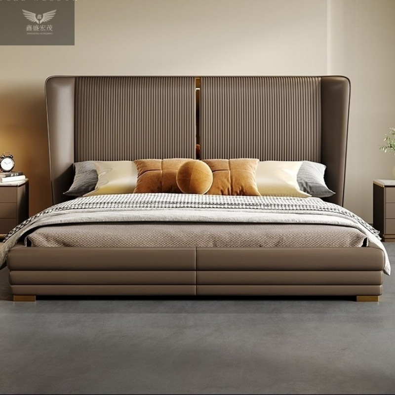 Cama de cuero ligera de lujo, cama principal moderna y simple, 2024 nueva cama doble italiana de gama alta, cama de boda cómoda